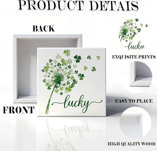 St Patrick's Day Table Decor Lucky Shamrock Wooden Box Sign, Minimal Irish Themed Tabletop Decor for Home Shelf Desk Entryway, Farmhouse Holiday Wooden Decoration for Spring Display 5 x 5 Inches