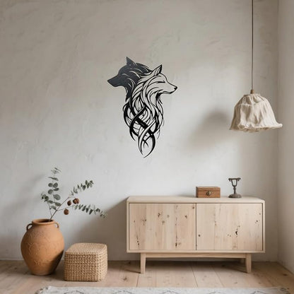 Metal Wolf Wall Art - Yin Yang Black White Dual Wolf Heads Metal Wall Decor, Rustic Home Decor for Cabin Lodge, Office, Living Room, bathroom, Man Cave, 15.7x10.6 Inch, Housewarming Gift for Men