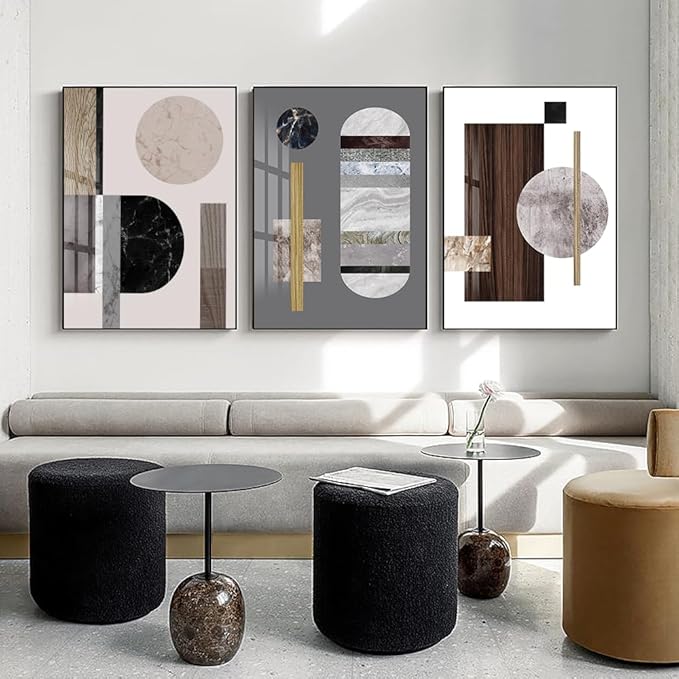 QKF Large Geometry Wall Art Modern Abstract Paintings Canvas Gallery for Living Room Bedroom Office Home Decorations Bright 3 Panels Geometric Square Circle Home Decorations 16“X 24”