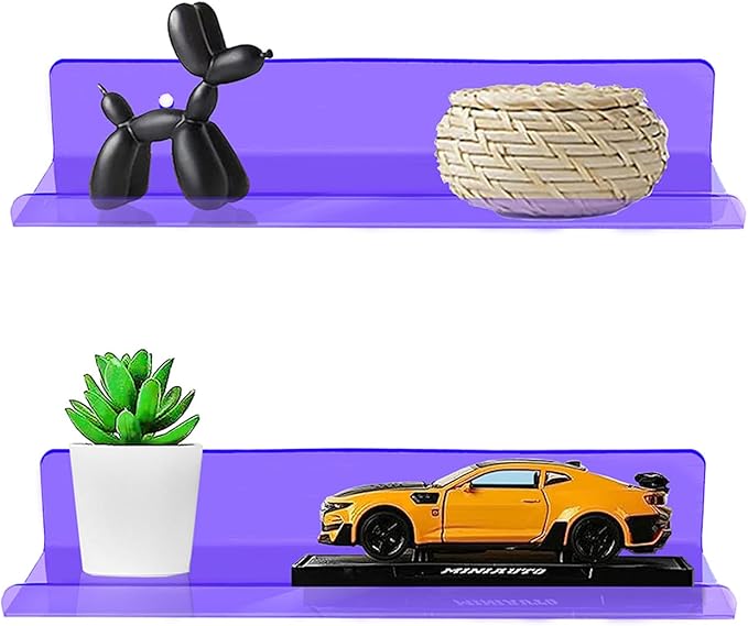 ROYALITA Small Acrylic Shelves Wall Mounted | Set of 2 | 12 Inches | Wall Hanging Plant Display Shelves, Room Decor Floating Wall Shelves for Gaming Room Bedroom, Living Room, Office, Purple