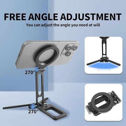FIFIELD Magnetic Phone Tripod Stand 1/4" Screw Aluminum Mini Foldable Tripod for Cell Phone, Travel Essential Adjustable iPhone Stand for Desk/Handheld, Compatible with iPhone 16/15/14/13/12 Series