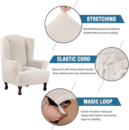 H.VERSAILTEX Wing Chair Slipcover Chair Covers for Wingback Chairs Wingback Chair Covers Slipcovers 1 Piece Stretch Sofa Cover Furniture Protector Soft Spandex Jacquard Checked Pattern, Ivory