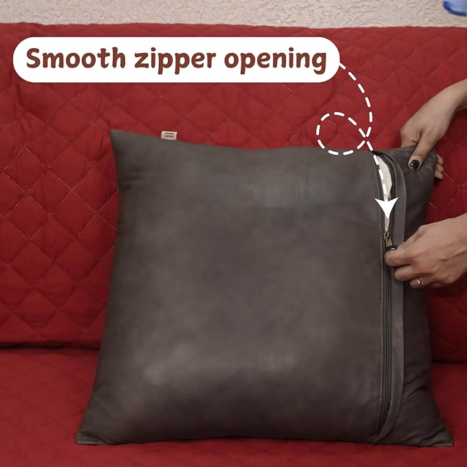 Lambskin Leather Pillow Cover - Sofa Cushion Case - Decorative Throw Covers for Living Room & Bedroom, 14x14 Inches - Grey Antique Plain Pack of 2