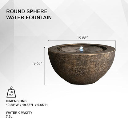 Xbrand 19.8" W Round Polyresin Indoor/Outdoor Sphere Fountain w/LED Light, Bronze