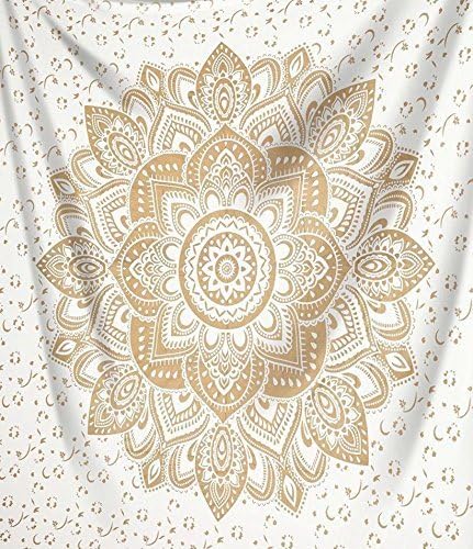 raajsee Metallic Gold Tapestry Mandala Wall Hanging- Bohemian Dorm Decor Hippie Queen Tapestries 82x92 inches-Boho Bedding Beach Throw Blanket White Golden bedspread meditation yoga mat throw