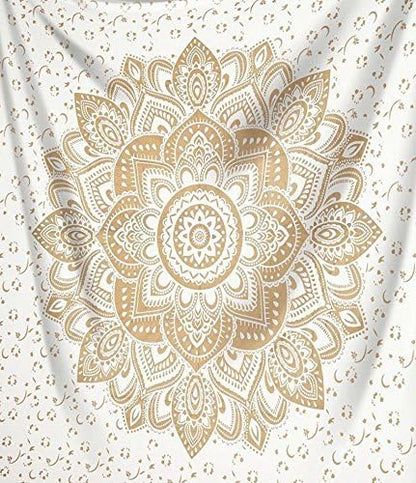 raajsee Metallic Gold Tapestry Mandala Wall Hanging- Bohemian Dorm Decor Hippie Queen Tapestries 82x92 inches-Boho Bedding Beach Throw Blanket White Golden bedspread meditation yoga mat throw