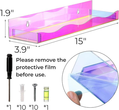 Hiceeden 4 Pack 15" Iridescent Acrylic Floating Shelves, Wall Mounted Floating Bookshelf Organizer for Room, Clear Nail Polish Sunglasses Display Shelf for Picture Ledge, Book, Funko Pop