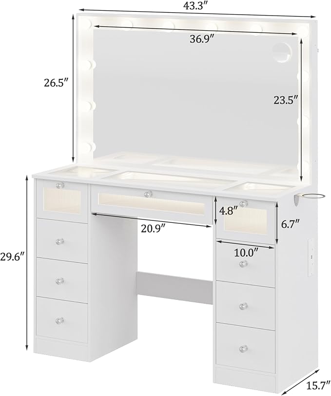 Makeup Vanity Desk with LED Lights and Large 36.9’’ Mirror, 9 Drawers Vanity with Glass Top & 3 Color Hollywood Bulbs, Make Up Vanity with Charging Station & Crystal Knobs for Woman, White