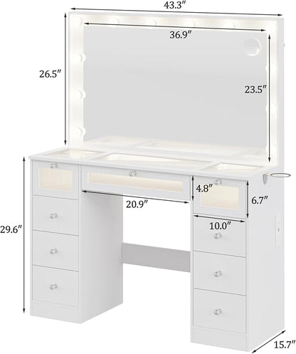 Makeup Vanity Desk with LED Lights and Large 36.9’’ Mirror, 9 Drawers Vanity with Glass Top & 3 Color Hollywood Bulbs, Make Up Vanity with Charging Station & Crystal Knobs for Woman, White