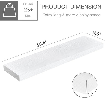 QEEIG Floating Shelves for Wall 35.4" Long - Wall Mounted Shelf Bathroom Kitchen Living Room Bedroom Farmhouse Home Decor Display Bookshelf Large 35.4 x 9.3 inch Set of 2, White (008-90W)