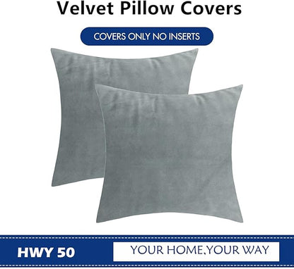HWY 50 Gray Grey Velvet Throw Pillow Covers 20x20 Inch, Pack of 2 Soft Cozy Solid Decorative Luxury Cushion Cases for Couch Sofa Bed Living Room Bedroom