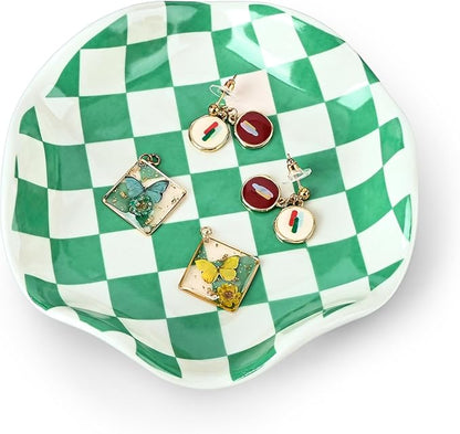 Koythin Ceramic Jewelry Tray, Checkered Pattern Aesthetic Decorative Trinket Dish for Rings, Earrings Necklaces Bracelet Watch Holder, Small Key Bowl, Birthday Mother's Day for Women (Green)
