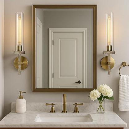 Brass Wall Sconces Set of Two 19.48'' Knurled Texture Wall Light Fixtures, Bathroom Vanity Light Fixtures with Clear Glass, Modern Wall Lamp for Bathroom Living Room Hallway (Bulb Included)