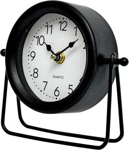 Small Black Desk and Shelf Clock, 5.9*6.9 Inch Retro Elegant Tabletop Clock with Glass Cover, Silent Non-Ticking Battery Operated Decorative Clock for Living Room, Office, Bedroom, Gift Idea