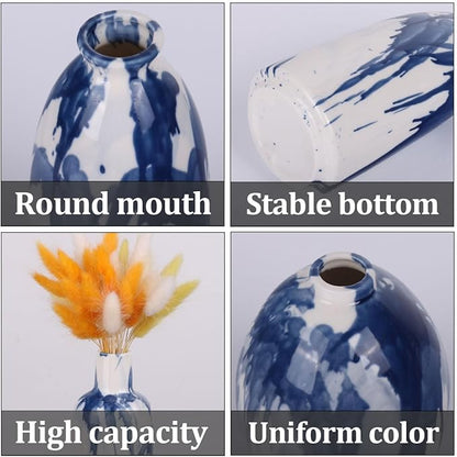 Set of 5 Blue and White Ceramic Small Bud Vases - Modern Farmhouse Navy Blue Decorative Vases for Home, Office, Living Room, Table Decor - Ideal Centerpieces for Flowers, Shelf and Fireplace Accents