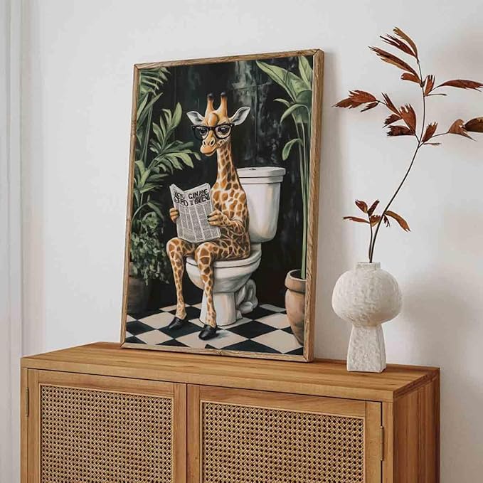 Giraffe Bathroom Wall Art Funny Giraffe Wall Art Funny Animal Reading Poster Unique Animal Paintings Green Plants Painting Tropical Rainforest Pictures Bathroom Living Room Decor 16x24inch No Frame