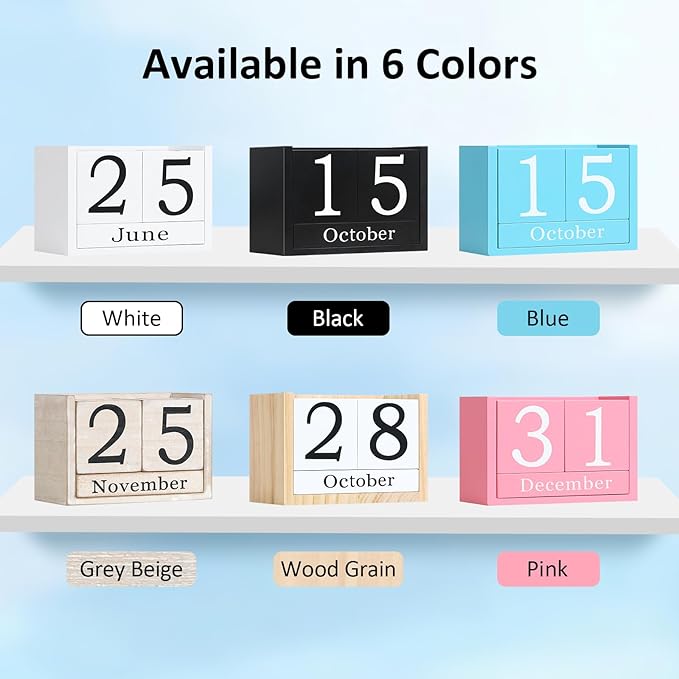 Wooden Block Calendar for Desk, Large Size Daily Desktop Perpetual Desk Calendar, Cute Date Display Desk Accessories for Home Office Decor, Teacher, Classroom, Reusable Yearly, Blue