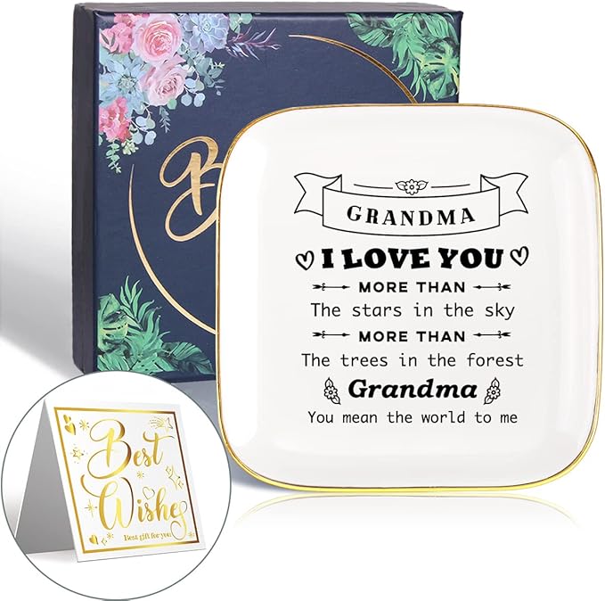 Littlefa Grandma Birthday Gifts from Grandchild,Mother's Day Gift for Grandma,Grandma Jewelry Tray,Grandmother Ceramic Ring Dish,Unique Birthday Christmas Meaningful Gifts for Grandma