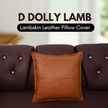 D DOLLY LAMB Lambskin Leather Pillow Cover - Sofa Cushion Case - Decorative Throw Covers for Living Room & Bedroom, 22x22 Inches - Camel Antique Box