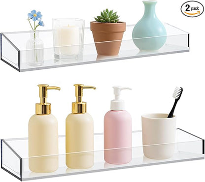 Acrylic Bathroom Shelves Set of 2,15" Thick Wall Mounted Floating Shelves -Transparent Shower Organizer Storage and Display Shelving Clear Adhesive Wall Rack for Bedroom,Kitchen,Ofiice,Living Room