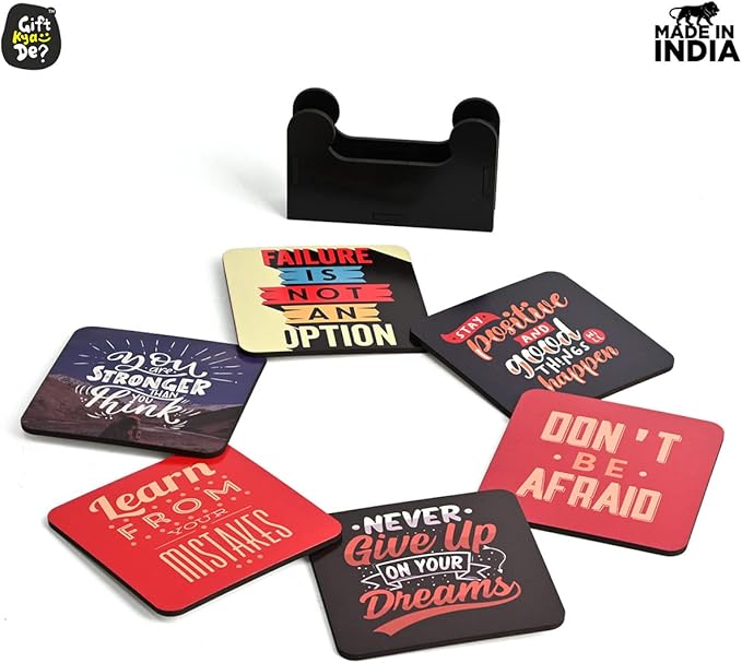 GKD Wooden Coasters for Drinks, Motivational MDF Wooden Coasters Set of 6 with Holder, 3.8 inches Eco-Friendly Absorbent Coaster for Coffee Table, Office, Bar, Drinking Glasses, Tabletop Protection