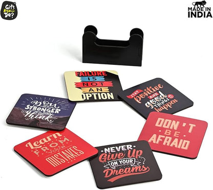 GKD Wooden Coasters for Drinks, Motivational MDF Wooden Coasters Set of 6 with Holder, 3.8 inches Eco-Friendly Absorbent Coaster for Coffee Table, Office, Bar, Drinking Glasses, Tabletop Protection