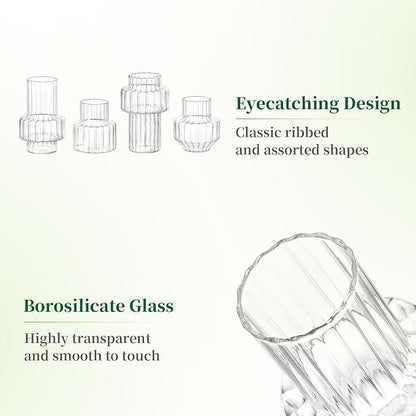 Hewory Ribbed Bud Vases for Centerpieces: Set of 4 Small Clear Glass Vase for Bridal Baby Shower Home Decor - Modern Table Decoration for Wedding & Event Planners