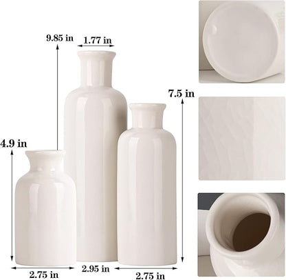 White Ceramic Vase Set - 3 White Small Vases, Farmhouse Country Flower Vase Home Decor, Living Room Decoration, Table Decoration, Fireplace Decor, and Entrance Decorations Centerpieces