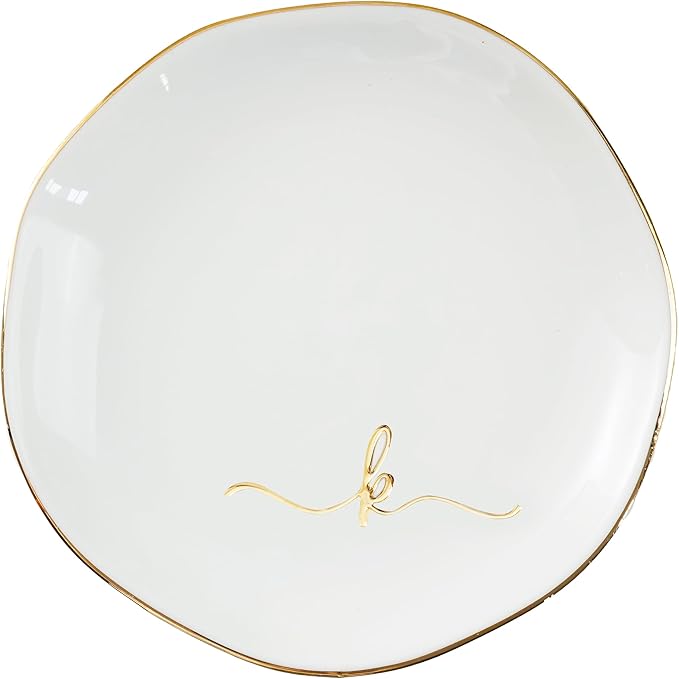 InnoBeta Ceramic Jewelry Tray, Decorative Trinket Dish for Rings Earrings Necklaces Bracelet Watch Keys, Birthday for Women, Mother's Day Christmas Gift for Women, 4.75", White Surface Gold (K)