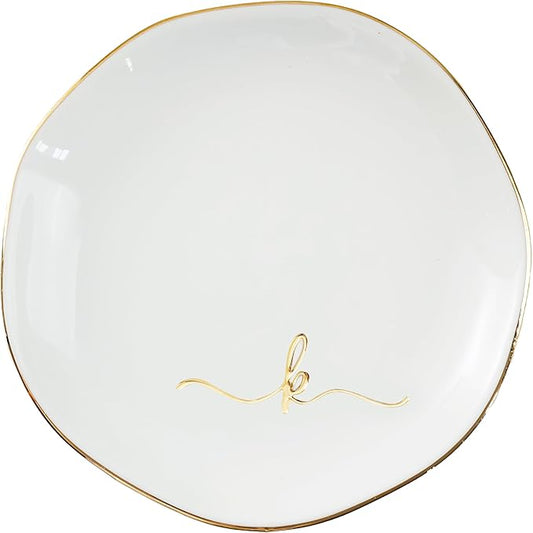 InnoBeta Ceramic Jewelry Tray, Decorative Trinket Dish for Rings Earrings Necklaces Bracelet Watch Keys, Birthday for Women, Mother's Day Christmas Gift for Women, 4.75", White Surface Gold (K)
