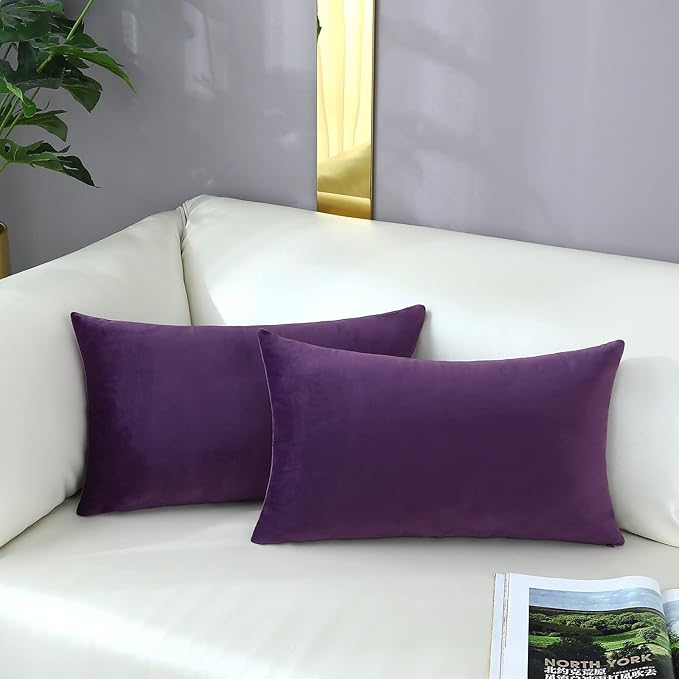mixeoo Comfy Eggplant Purple Throw Pillow Covers Decorative Lumbar Solid Rectangle Thick Velvet Super Soft Cushion Cases Home Decor for Sofa Couch Living Room Chair, Set of 2, 12 x 20 Inch