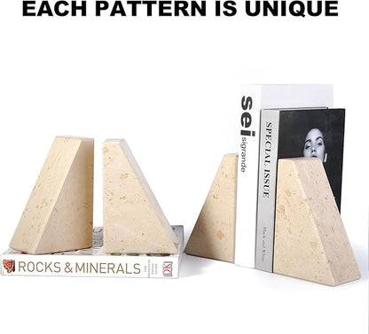 Marble Bookends for Heavy Books, Decorative Book Ends for Shelves, Beige Stone Durable and Heavy-Duty Book Ends for Hardback Books & CDS, Unique Book Stopper & Holder, Set of 2