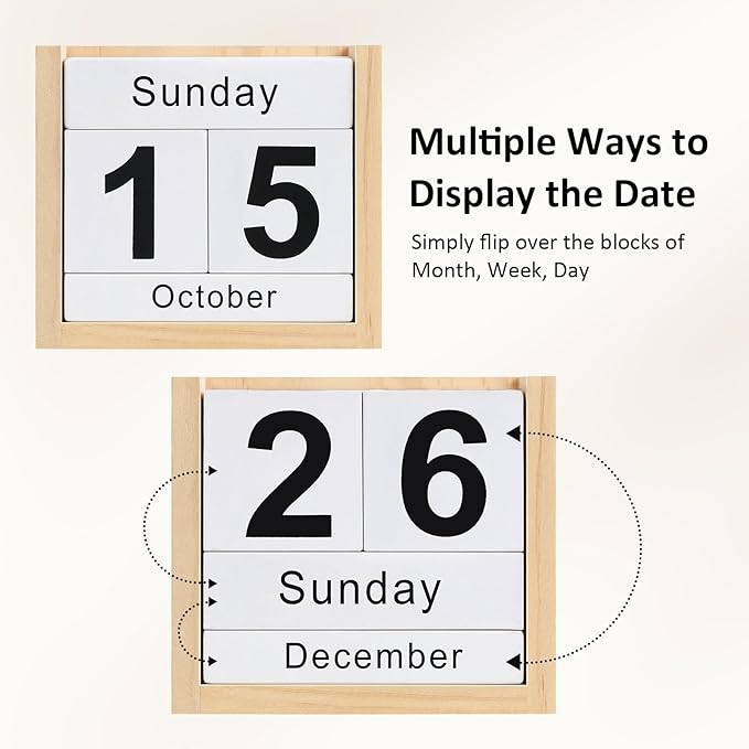 Wooden Block Calendar for Desk, Daily Desktop Perpetual Desk Calendar, Cute Date Display Blocks Desk Accessory for Home Office Decor, Teacher, Classroom, Reusable Yearly, Wood Grain