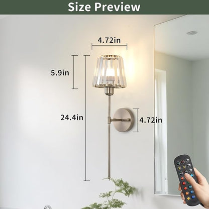 Battery Operated Crystal Wall Sconce Set of 2, Brushed Nickel Wireless Wall Light with Remote Control, LED Dimmable 15 Colors USB Rechargeable Light Bulbs Wall Lamp for Bedroom Living Room Hallway
