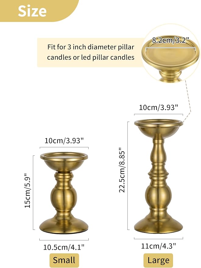 NUPTIO Gold Candle Holder for Table: Tall Brass Candleholder Decorative for Pillar Candles - Metal Vintage Stand for Christmas New Year Fireplace Table Centerpiece Set of 2 (S+L)