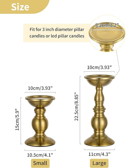 NUPTIO Gold Candle Holder for Table: Tall Brass Candleholder Decorative for Pillar Candles - Metal Vintage Stand for Christmas New Year Fireplace Table Centerpiece Set of 2 (S+L)