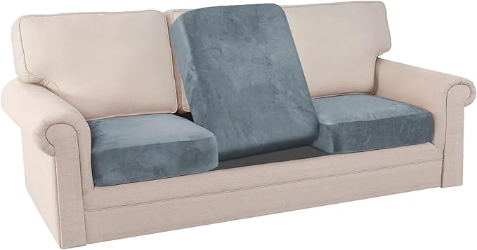 PrinceDeco Velvet Stretch Couch Cushion Covers, Sofa Slip Covers for 3 Seat Cushion Couch Chair Loveseat Sofa Cushion Furniture Protector Sofa Cover (Each Width Up to 29.5", Stone Blue)