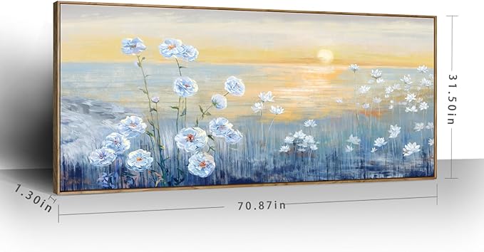 Nicetop Extra Large Framed Blue Ocean Sunset Wall Art Coastal Beach Flowers Canvas Print Sea Sun Natural Seascape Painting Calm Warm Seaside Landscape for Home Bedroom Living Room Office 32x71inch