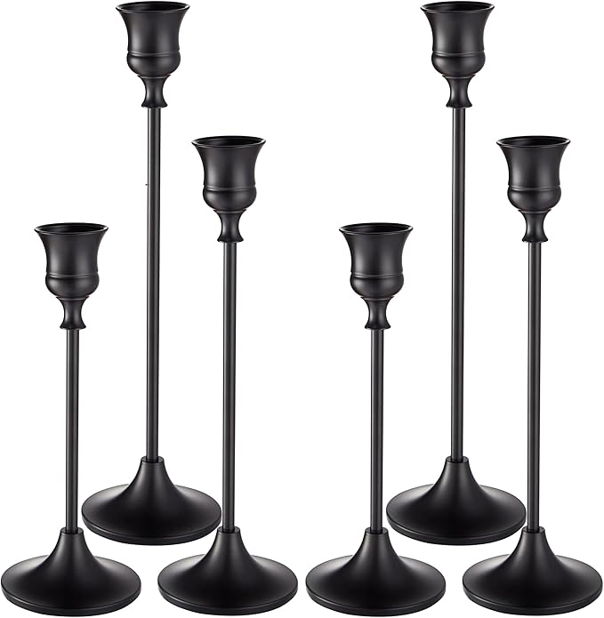 Willceka Black Candlestick Holders, Taper Candle Holders, Set of 6 Matte Black Candle Holder Set, Vintage Table Centerpiece for Wedding Christmas Holiday