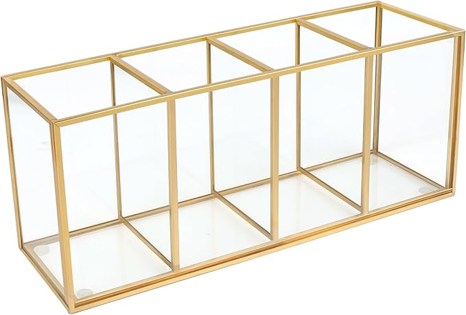 Pencil Holder for Desk,Tempered Glass Pen Holder,3&4 Compartments,Desktop Storage Organizer for Office Supplies,School Supplies,Pens,Markers,Pencils,Scissors,Paperclips (Gold, 4 compartments)