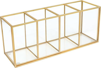 Pencil Holder for Desk,Tempered Glass Pen Holder,3&4 Compartments,Desktop Storage Organizer for Office Supplies,School Supplies,Pens,Markers,Pencils,Scissors,Paperclips (Gold, 4 compartments)