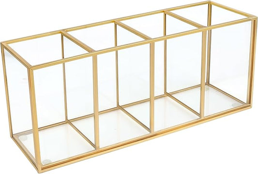 Pencil Holder for Desk,Tempered Glass Pen Holder,3&4 Compartments,Desktop Storage Organizer for Office Supplies,School Supplies,Pens,Markers,Pencils,Scissors,Paperclips (Gold, 4 compartments)