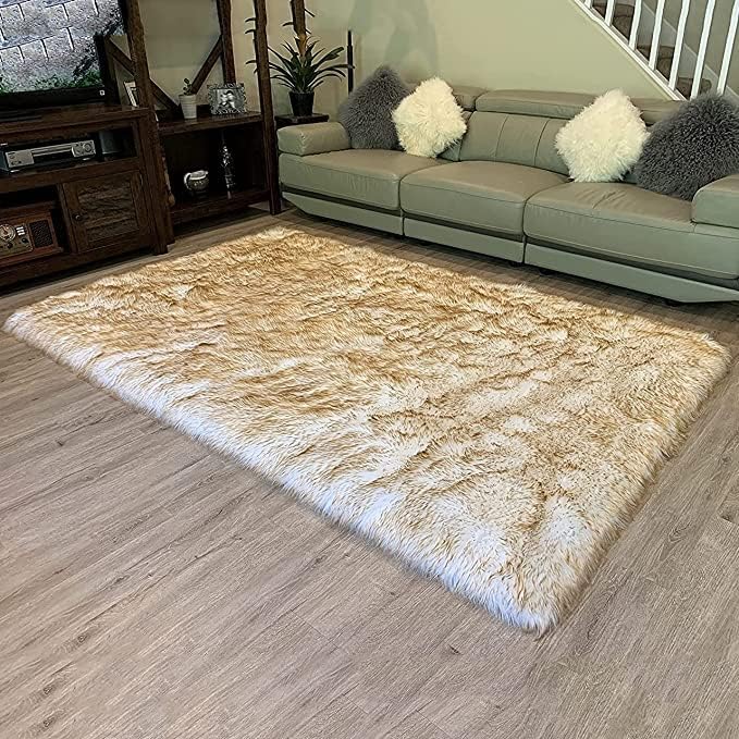 LAMBZY High Pile Super Soft Faux Sheepskin Rug (White/Brown, 2'x3')