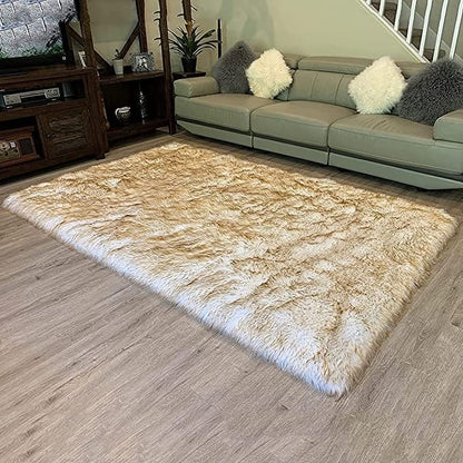 LAMBZY High Pile Super Soft Faux Sheepskin Rug (White/Brown, 2'x3')