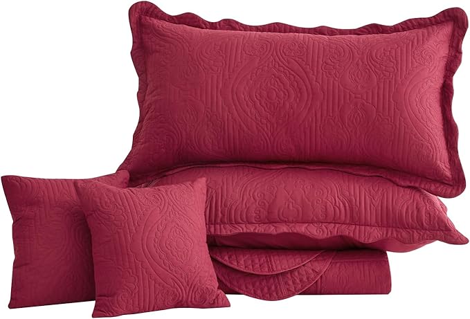 HZ & HY Oversized King Bedspread 138x122 Extra Wide, Ultrasonic Coverlet Bedding Set, Lightweight Thin Comforter, Reversible, 5 Piece, 100% Microfiber, California/Alaskan King, Wine Red