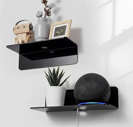 OAPRIRE Acrylic Floating Wall Shelves Set of 2, Damage-Free Expand Wall Space, Small Display Shelf for Smart Speaker/Action Figures with Cable Clips