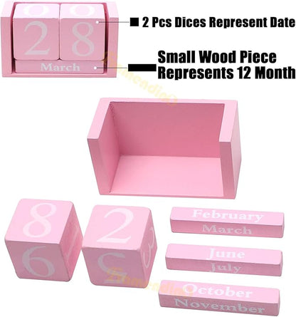 Framendino, Pink Vintage Wood Calendar Rustic Block Chic Perpetual Desktop Wooden Cubes for Home Office Desk Decoration