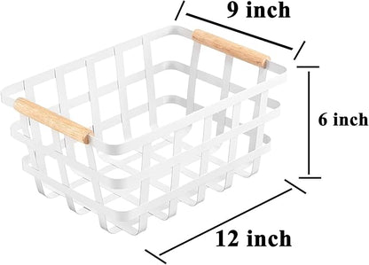Wire Metal Baskets Storage Organizer Farmhouse Baskets with Wood Handles for Pantry Cabinets Store Fruit, Coffee, Spices, Pasta, Baking Supplies - White