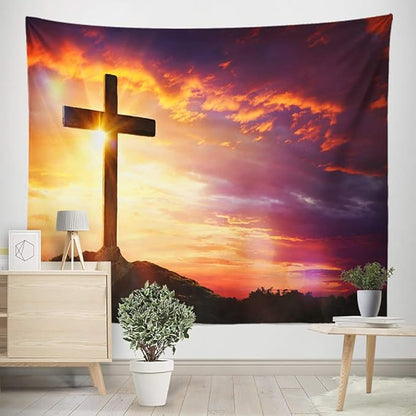 BERRY Jesus Christ Cross Sunrise Tapestry Sunset Sepulcher Lord Pray Easter Crucifixion Religious Belief Wall Hangings Decor Large Tapestry for Bedroom Living Room Dorm College Church Man Cave(80x60