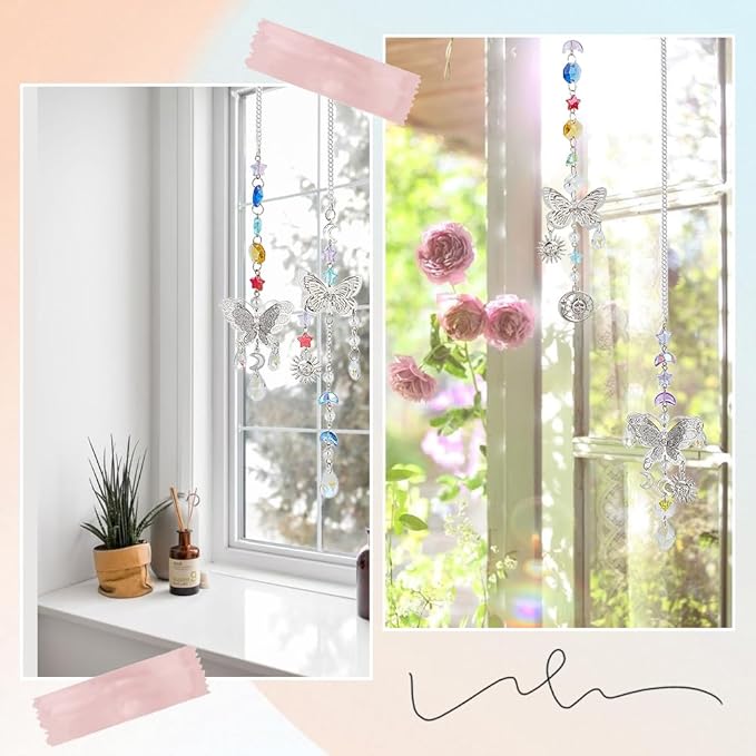 SUNNYCLUE 1 Box DIY 5 Sets Star Moon Suncatchers Kit Rainbow Maker Sun Catchers Butterfly Charms Hanging Suncatchers Glass Crystal Sun Catcher for Windows Indoor Outdoor Home Garden Decor Gifts